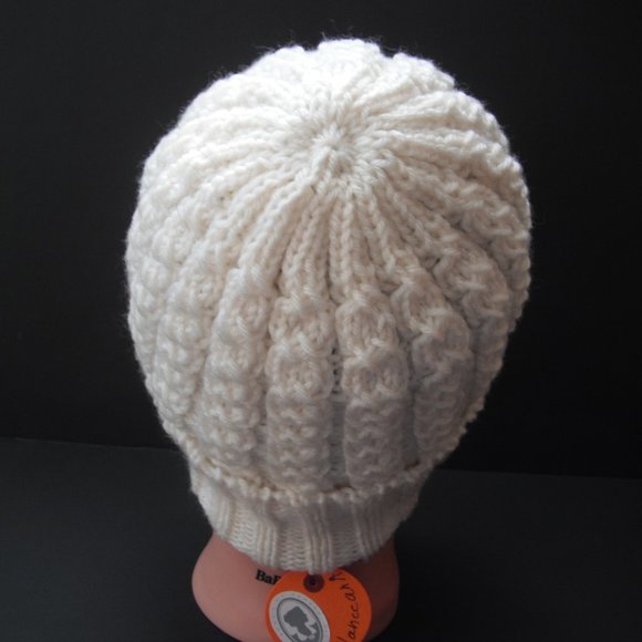 Hand Knitted Hat Toque Adult Size-M-L Acrylic Color White - 031 Hand knit by me - Picture 3 of 8